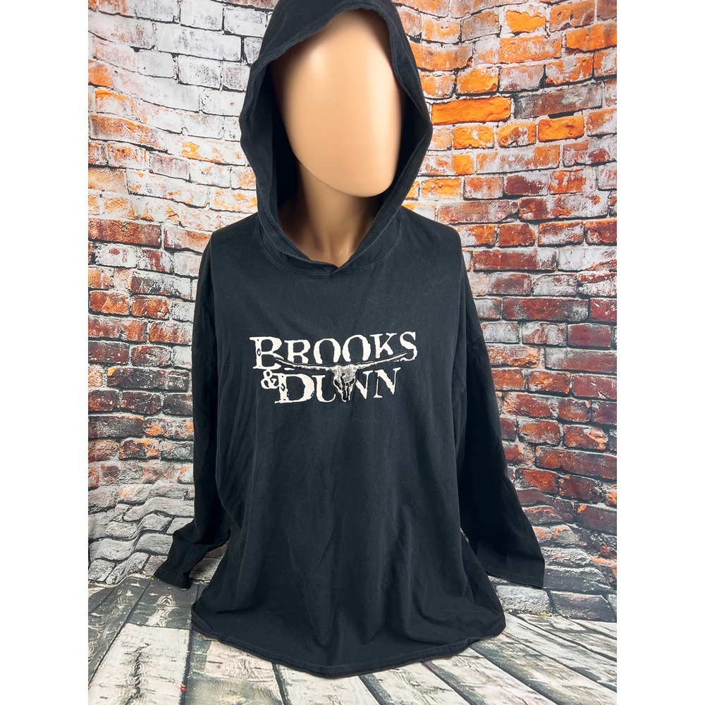 Brooks & Dunn Mens 2XL Black Hooded Graphic T-Shirt Hanes Beefy-T Bull Skull